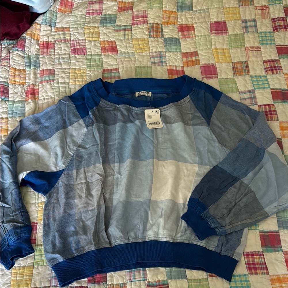 Free People Blue and Gray Patchwork Blouse